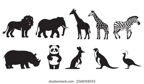 Animals silhouette lion, elephant, giraffe, zebra, rhinoceros, hippopotamus, panda, kangaroo, penguin Vector Design