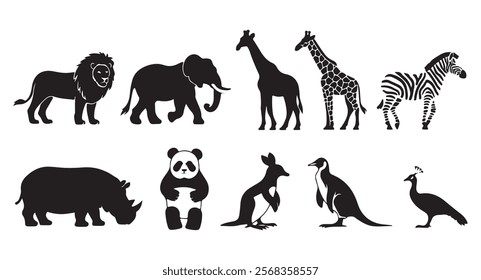 Animals silhouette lion, elephant, giraffe, zebra, rhinoceros, hippopotamus, panda, kangaroo, penguin Vector Design