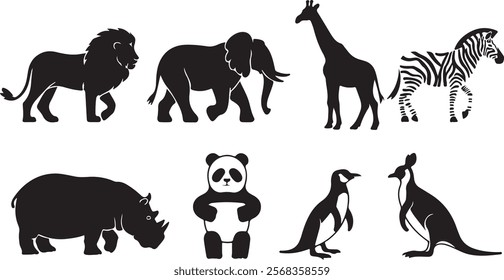 Animals silhouette lion, elephant, giraffe, zebra, rhinoceros, hippopotamus, panda, kangaroo, penguin Vector Design