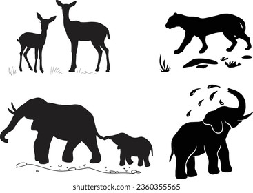 Animals silhouette at the savannah. Set