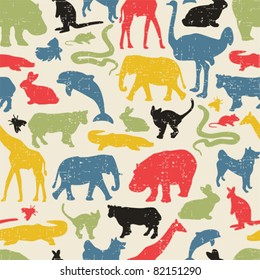 Animals silhouette seamless pattern. Vector texture in retro style.