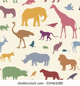 Animals silhouette seamless pattern. Wildlife tiled textured background. African animals seamless pattern