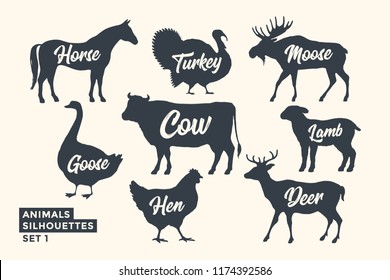 Animals silhouette set. Black-white silhouette of animals with lettering names. Design template for grocery, butchery, packaging, meat store. Farm and wild animals theme. Vector Illustration