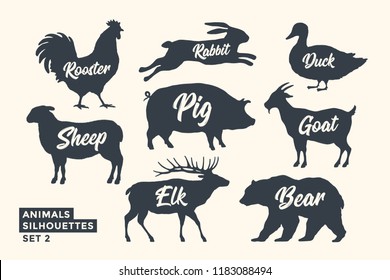 Animals silhouette set. Black-white silhouette of animals with lettering names. Design template for grocery, butchery, packaging, meat store. Farm and wild animals theme. Vector Illustration