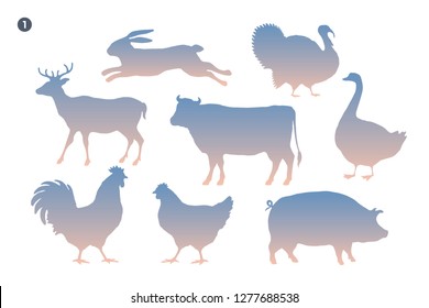 Animals silhouette set. Silhouette of animals on white background. Design template for grocery, butchery, packaging, meat store. Farm and wild animals theme. Vector Illustration