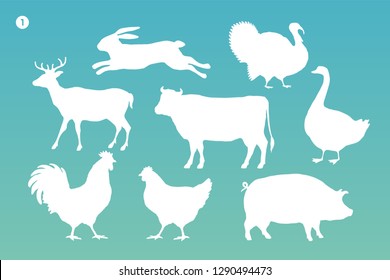 Animals silhouette set. White silhouette of animals on color background. Design template for grocery, butchery, packaging, meat store. Farm and wild animals theme. Vector Illustration