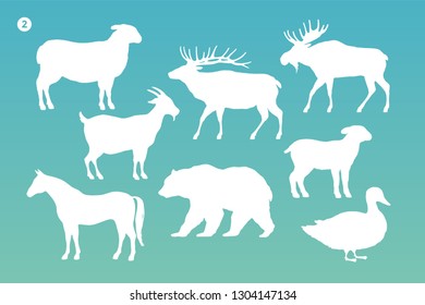 Animals silhouette set. White silhouette of animals on color background. Design template for grocery, butchery, packaging, meat store. Farm and wild animals theme. Vector Illustration