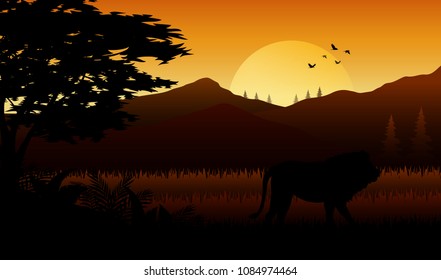 Animals silhouette in sunset at savanah