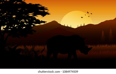 Animals silhouette in sunset at savanah