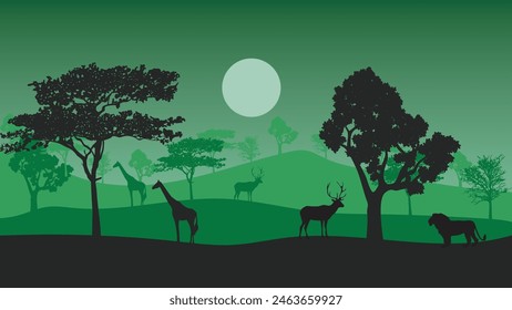 Animals silhouette in sunset at savanah