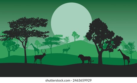 Animals silhouette in sunset at savanah