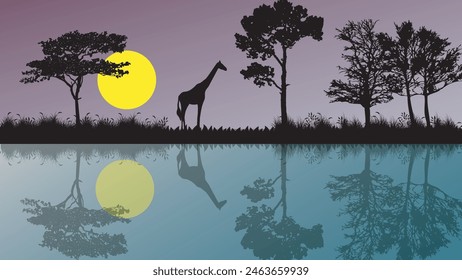 Animals silhouette in sunset at savanah