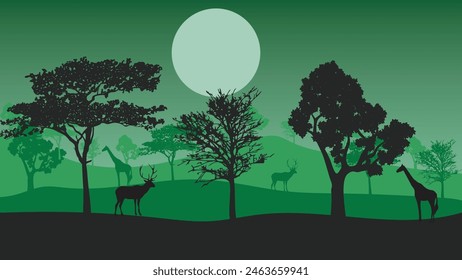 Silueta de animales en la puesta del sol en savanah