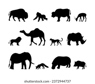 Animals silhouette vector icons. Bison, gorilla, buffalo, gazelle, lion, camel, cheetah, rhinoceros and much more. Vector flat black set collection of animals silhouette isolated on white background.