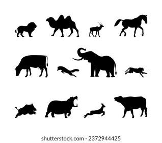 Animals silhouette vector icons. Lion, camel, gazelle, horse, cow, fox, elephant, cheetah, boar and much more. Vector flat black set collection of animals silhouette isolated on white background.