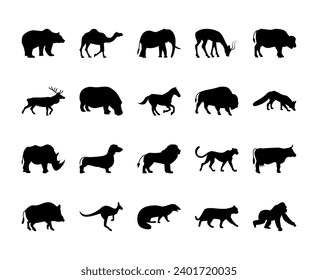 Animals silhouette vector icons set. Bear, camel, elephant, gazelle, buffalo, deer, hippopotamus, horse, buffalo and more. Vector flat black set collection of animals silhouette for design use.