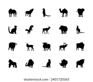 Animals silhouette vector icons set. Horse, wolf, gopher, camel, elephant, cat, fox, gazelle, hippopotamus, kangaroo and more. Vector flat black set collection of animals silhouette for design use.