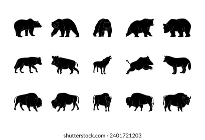 Animals silhouette vector icons set. Animal world. Bear, wolf, boar, bison. Isolated outline of animals on a white background. Vector flat black set collection of animals silhouette for design use.