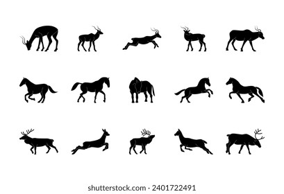 Animals silhouette vector icons set. Animal world. Gazelle, horse, deer. Isolated outline of animals on a white background. Vector flat black set collection of animals silhouette for design use.