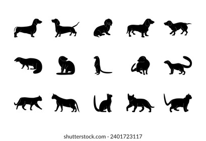 Iconos vectoriales de silueta de animales establecidos. Perro, mongosta, gato.  Mundo animal. Esbozo aislado de animales sobre un fondo blanco. Colección vectorial de conjunto negro plano de silueta de animales para uso de diseño.