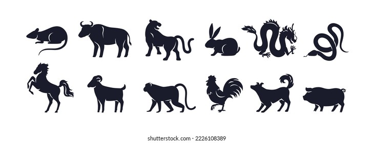 Animals silhouettes, Chinese Zodiac symbols. 12 signs for China New Years. Oriental horoscope, astrology mascots set, goat, monkey, boar, rabbit and rooster. Isolated flat graphic vector illustrations