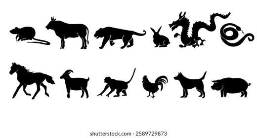 Animals silhouettes, chinese zodiac symbols. 12 signs for China New Years. Oriental horoscope, astrology mascots set, goat, monkey, boar, rabbit and rooster, snake, dragon, rat, bunny, hare, horse.