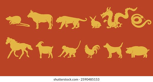 Animals silhouettes, chinese zodiac symbols. 12 signs for China New Years. Oriental horoscope, astrology mascots set, goat, monkey, boar, rabbit and rooster, snake, dragon, rat, bunny, hare, horse.