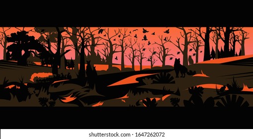 siluetas de animales que escapan de los incendios forestales en Australia arbustos quemar árboles el concepto de desastre natural llamas naranjas intensas ilustración horizontal vectorial