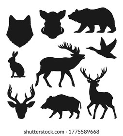 Animals silhouettes, hunting vector icons of wild bear, deer and elk. Hunt trophy animals boar hog, moose and rabbit o hare, forest wolf or fox head silhouette, hinting fowl duck bird and stag antlers