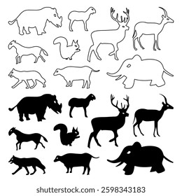 Animals silhouettes and line art vector icon set collection