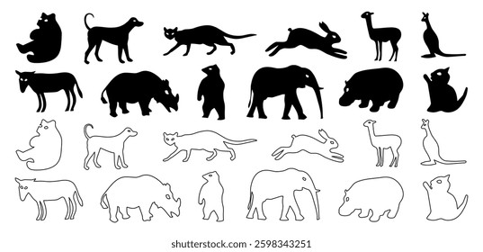 Animals silhouettes and line art vector icon set collection