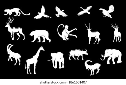 Animals silhouettes and logos set, isolated on black vector ullustration