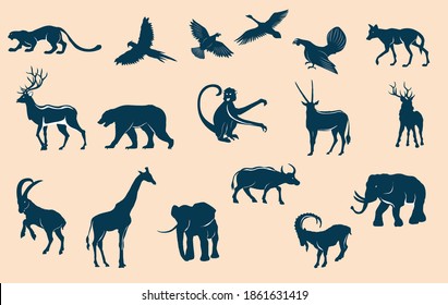 Animals silhouettes and logos set, isolated on white vector ullustration