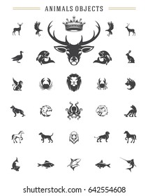 Animals silhouettes objects vector design elements set vintage style isolated on white. For logos badges and other graphic design.