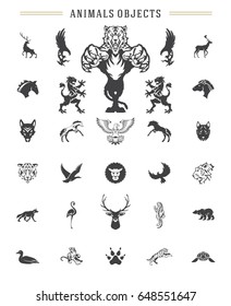 Animals silhouettes objects vector design elements set vintage style isolated on white. For logos badges and other graphic design.