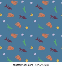 Animals silhouettes on blue background. Fox, wolf and rabbit in forest vector pattern 