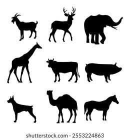  Animals Silhouettes on White background.