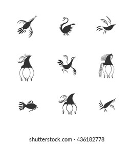 Animals silhouettes set. Abstract vector animals silhouette set on a white background isolation. Graphic elements Mezen painting, Russian folk art. Ancient Art.