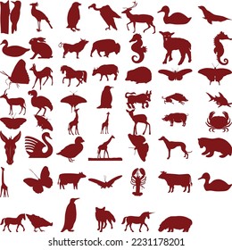 Animals silhouettes set. Deer, bear, wolf, tiger, fox, panda, raccoon, rabbit, owl, mouse, eagle, weasel, roe deer, chipmunk, elephant, giraffe isolated on white background. Wildlife collection