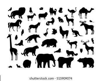 Animals silhouettes set. Deer, bear, wolf, tiger, fox, panda, raccoon, rabbit, owl, mouse, eagle, weasel, roe deer, chipmunk, elephant, giraffe isolated on white background. Wildlife collection