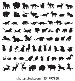 Animals silhouettes vector. Mammals of the world. Extra big set of animals gray contour. Vector illustration, isolated on a white background