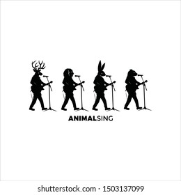 Animals sing logo with guitars in front of mic. Funny fauna mascot. For business and entertainment. simple singer vlog and cover song with amazing talent. Romantic feel.