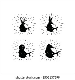 Animals sing logo with guitars in front of mic. Funny fauna mascot. For business and entertainment. simple singer vlog and cover song with amazing talent. Romantic feel.