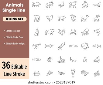 Animals single line icon set elements suitable to use food, menu, restaurant, poster, brochure, pamphlets, food icon, non veg food, living animals. editable vector icon
