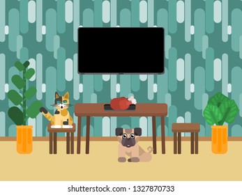 animals sit near the table in the kitchen near the meal flat style