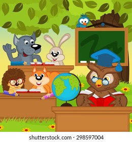 Animals Sit At School Desks In Forest - Vector Illustration, Eps