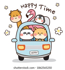 Animals Sitting In Blue Car With Flower Background.Character Design.Cute Cartoon Hand Drawn.Graphic Design.Kawaii.Bear,dog,giraffe,penguin,flamingo.Vector.Illustration.