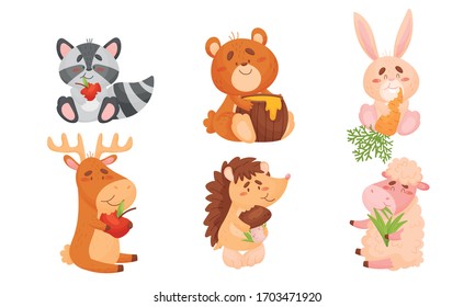 Animals Sitting and Eating Fruit and Vegetables Vector Set