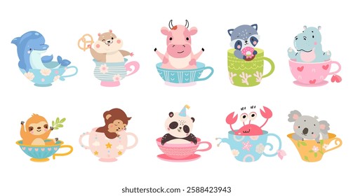 Animals sitting in mugs. Different animal looking from cups. Cartoon positive hamster and dolphin, sleeping monkey, birthday panda, nowaday vector set