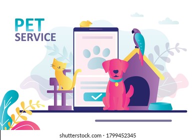 Animales sentados cerca del teléfono móvil. Concepto de servicio de mascotas en línea y tienda electrónica de animales. Llevando cachorro a un servicio veterinario de preparación. Compras para mascotas a través de internet. Ilustración vectorial plana